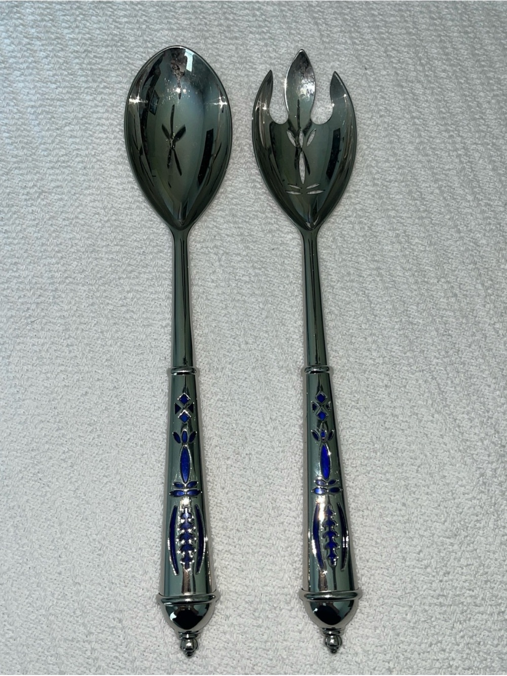 Vintage silver plated serving utensils with cobalt blue glass inserts